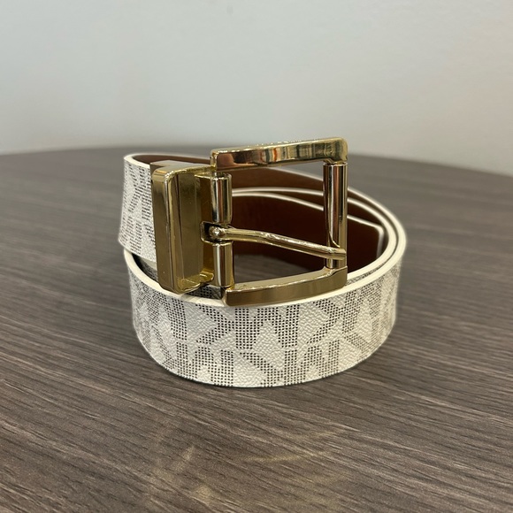 Michael Kors White and Brown Monogram Leather Gold Buckle Belt - Picture 8 of 8